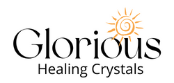 Logo with the words glorious healing crystals with a  golden spiral sun above