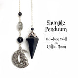 Shungite Pendulum with Howling Wolf on Celtic Moon