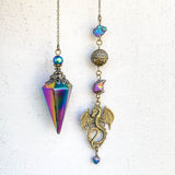 Titanium Rainbow Aura Quartz Pendulum with Dragon