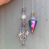 Titanium Rainbow Aura Quartz Pendulum with Dragon